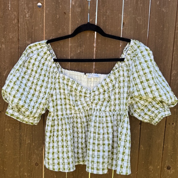 English Factory Tops - English Factory Green Gingham Bubble Sleeve Top 🌿 Smocked Back
